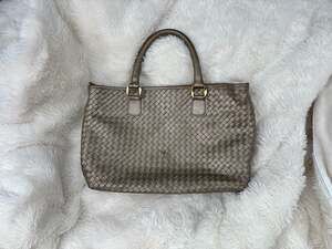 Ba: Vintage GANSON Woven Leather Pewter Bronze Handbag Crossbody Purse